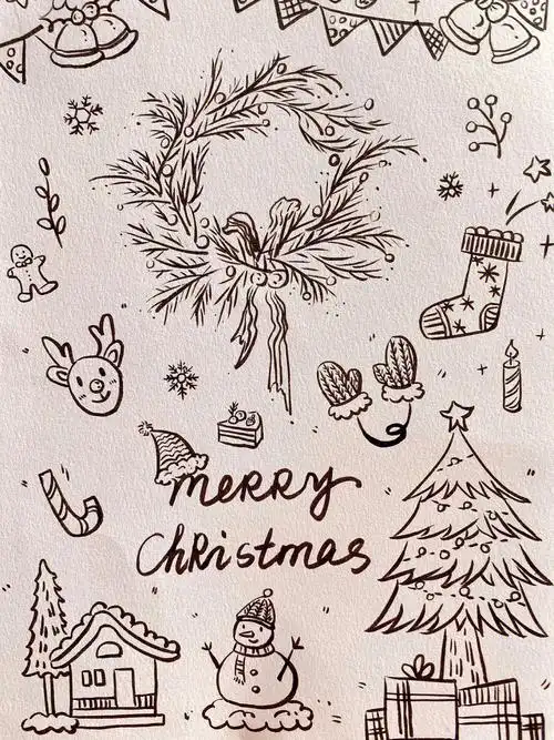 简笔画黑白线描圣诞主题元素装饰画