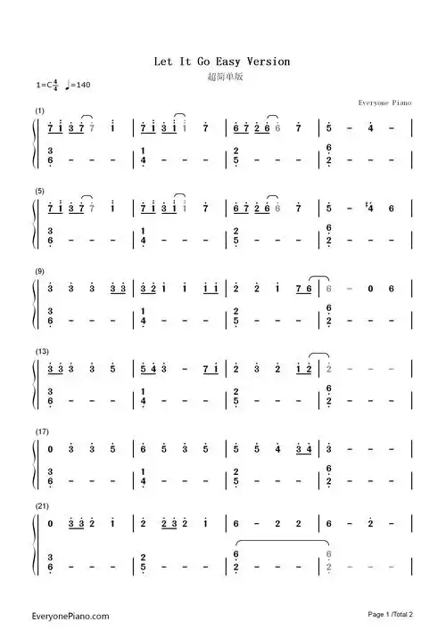 let it go超简单版-冰雪奇缘主题曲双手简谱预览1-钢琴谱文件(五线谱