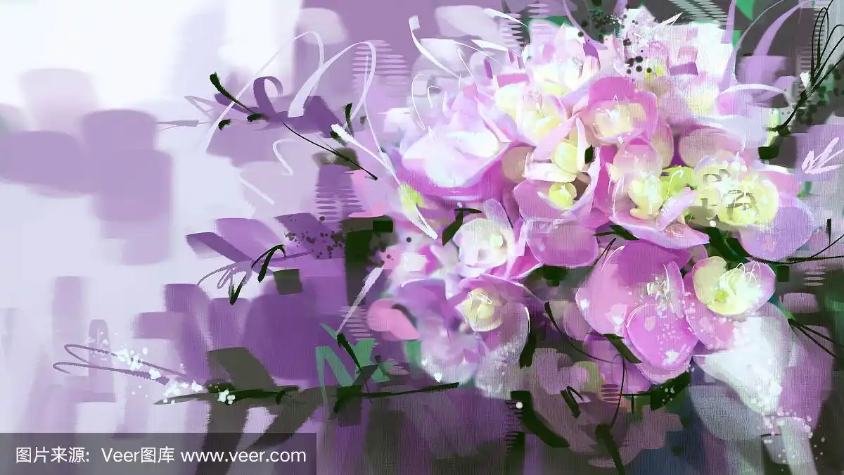 数码画花,紫色,粉色风格油画.