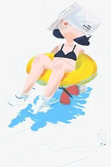 卡通手绘游泳的女孩插画免抠