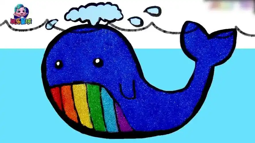 儿童绘画用彩色颜料和闪粉画一条蓝色鲸鱼