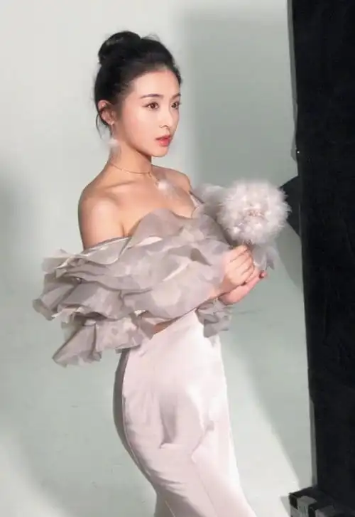 张含韵身穿一件裸色的长裙,上半身选用层叠设计,多了几分甜美感,加上
