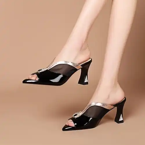 百丽牧貂bailimudiao高跟鞋凉拖鞋女外穿夏季新款女鞋半包头鞋子女