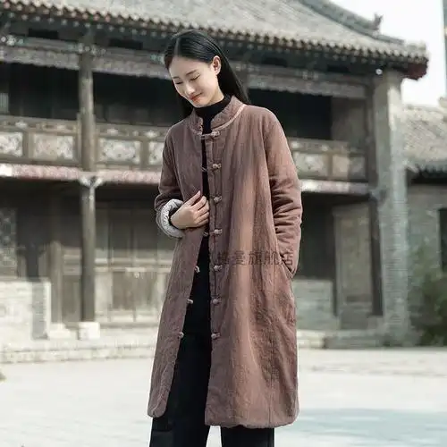 【佛教女居士服装】2022冬季打坐佛系禅服女立领中国风撞色盘扣中长款