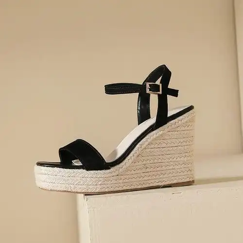 简约一字带防水台露趾粗跟凉鞋新款女性感超高跟坡跟凉鞋2024夏季