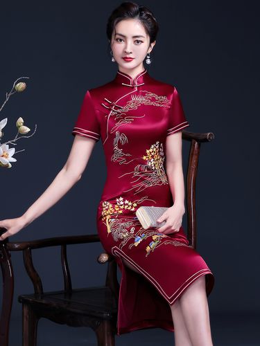 年轻喜婆婆婚宴装旗袍高贵醋酸婚礼妈妈婚宴礼服复古连衣裙洋气