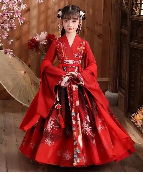 小孩子的古代衣服5-13岁汉服女童女童古装超仙长袖秋装古风秋季中国风