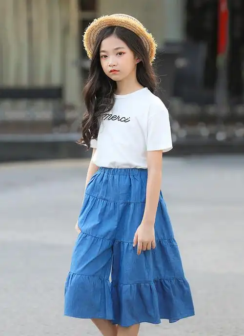 tecul 2020 夏季爆款女孩时尚牛仔裤阔腿裤修身 t恤两韩版休闲穿可爱