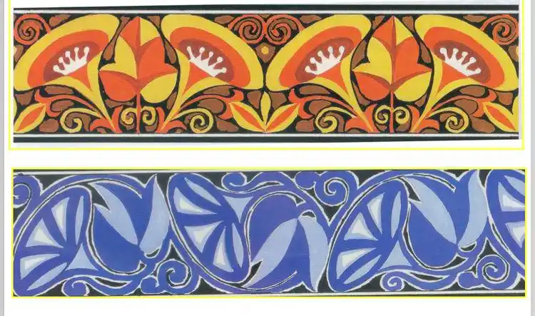 图例连续纹样(二方连续):是指一个基本单位,单方向的重复排列,延续