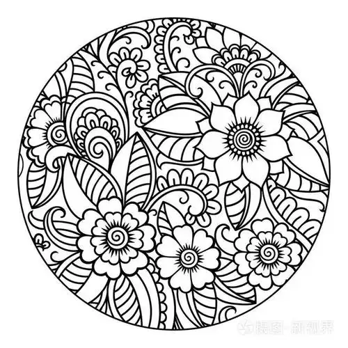 书籍页面的圆形花卉图案和儿童抗应力着色涂鸦图案黑白相间手绘矢量图