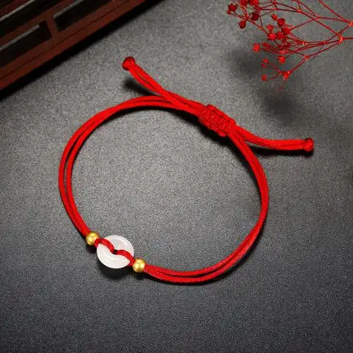 梦金园黄金转运珠平安扣玉手串红绳手链足金小金珠手饰情侣手链情人节