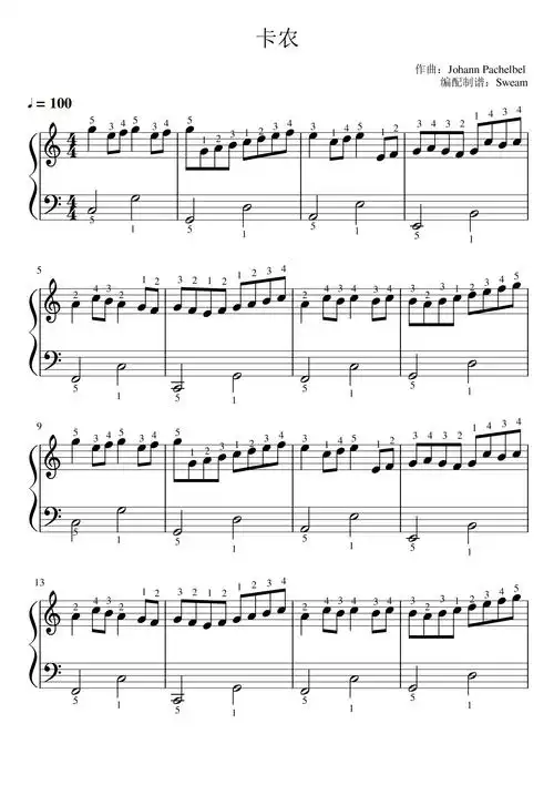 卡农(新手小白入门超简单版带指法c调版)钢琴谱-虫虫钢琴