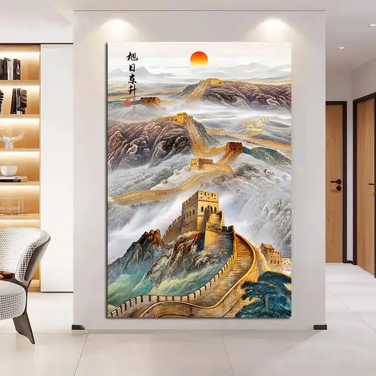 上新 万里长城挂画现实中的长城景观与旭日东升,并以金色为基 - 抖音