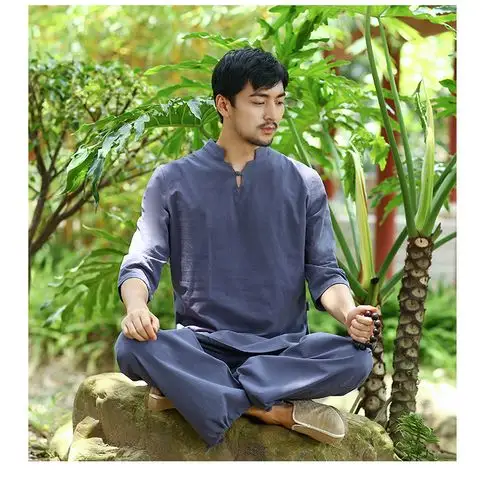 麻棉瑜珈套装汉服复古风禅修居士服 亚麻男宽松大码男禅意打坐服