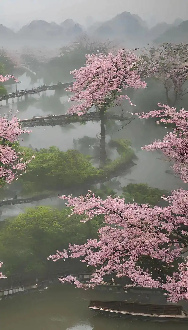 江南三月,烟雨蒙蒙,朦胧似梦,桃花满山!#治愈系风景 #图文 - 抖音
