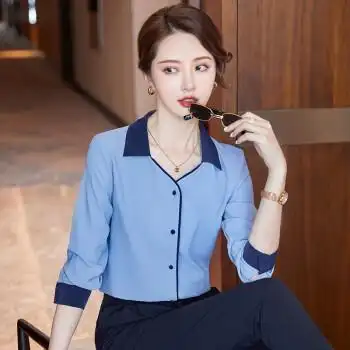 长袖衬衣气质名媛风韩版简约百搭商务风薄款上衣工作服衬衫蓝色衬衫s