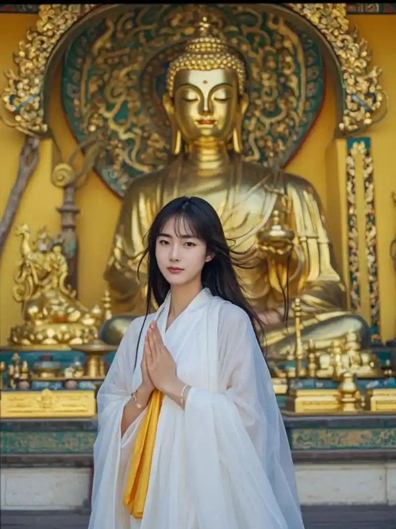 图片中展现了一位身着白色古风服饰的女子,她双手合十,站在一尊