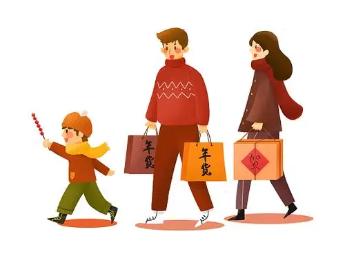 彩色卡通手绘新年春节年货节一家人人物置办年货png素材元素