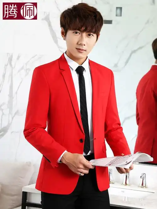 男士单西服年会演出表演婚庆礼服休闲男韩版修身潮大红色西装外套