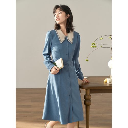 茵曼文艺撞色翻领连衣裙2022冬季新款加厚可调连衣裙