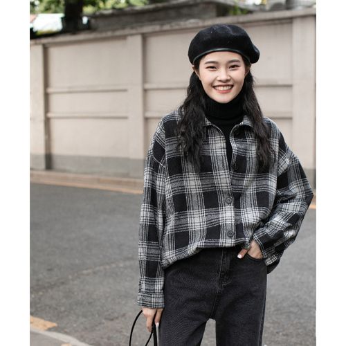 春秋款慵懒风宽松韩版衬衣港仔女棉麻黑白格子长袖衬衫情侣装外穿