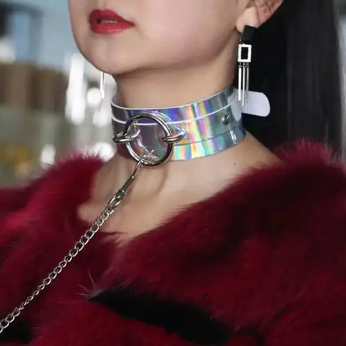 个性性感另类成人玩具圆环镭射皮项圈调教牵引绳狗奴束缚颈脖套