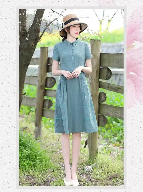 皮尔卡丹品牌高档女装杭州四季青女装素雅订制棉麻连衣裙天薄款娃娃领