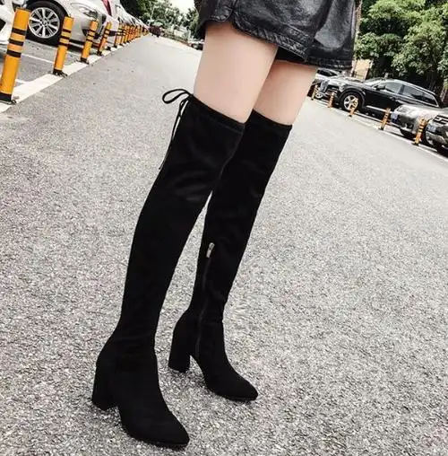 长靴女高跟粗跟 百搭_过膝长靴女高跟鞋冬季韩版尖头粗跟百搭性感黑色
