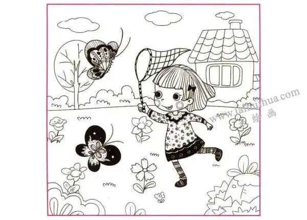 步骤三:为小姑娘和两只蝴蝶描绘花纹.