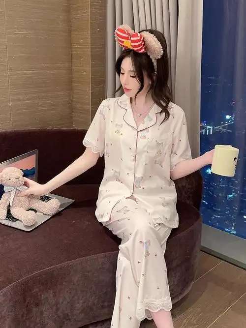 三件套睡衣女夏季冰丝可爱卡通小熊短袖长裤高级感短裤家居服套装