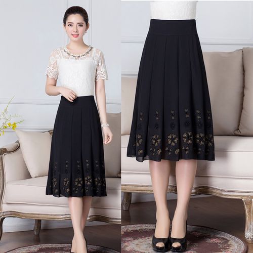 妈妈装裙子半身裙夏季中老年女高腰大码女裙黑色中裙秋冬绣花女裙