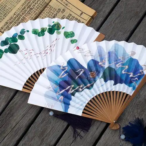 中国国风古风原创昆仑仲夏折扇双面水彩画8寸扇子