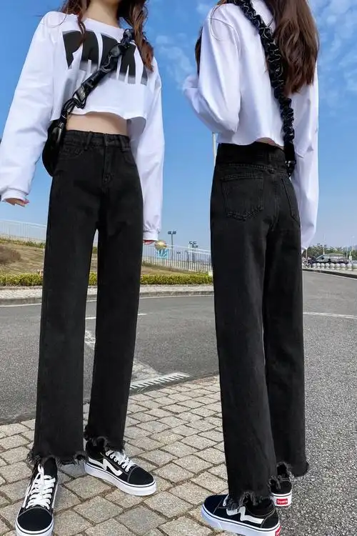 韩版高腰阔腿宽松直筒牛仔裤女2021春秋新款九分学生秋季穿搭女裤