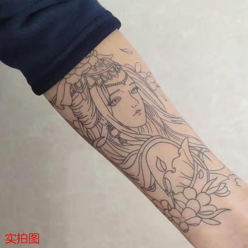 割线艺妓刺青色防水纹身贴男女款手臂花臂小腿持久仿真线条刺青贴
