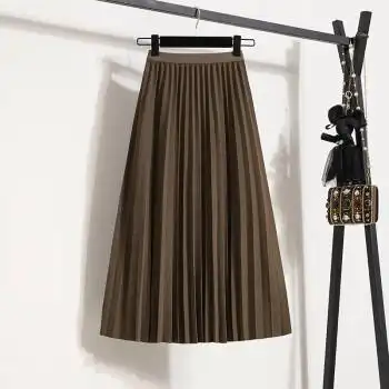 京霆裙子女春夏季新款大号女装宽松显瘦百褶裙高腰遮肚半身裙经典咖色