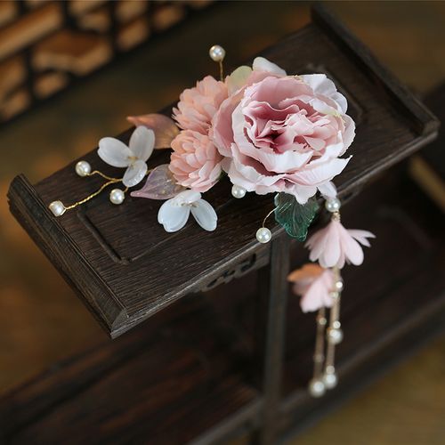 绢花头饰唐风诃子裙花朵汉服女仙气古风发夹流苏边夹宋制后压发饰