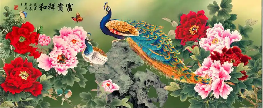 湘钰diy钻石画树脂方钻富贵祥和之孔雀牡丹新款无拼接满钻