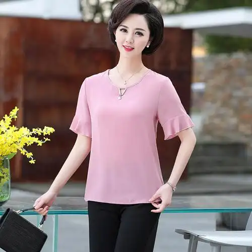 中年上衣女4050岁妈妈装夏装纯色雪纺小衫宽松中老年人t恤女短袖