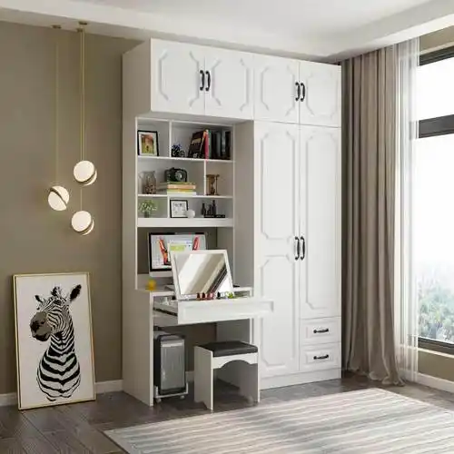 现代简约连体书桌书柜组合一体衣柜电脑桌梳妆台学生连体书桌柜