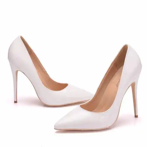 12厘米 超细铁根尖头单鞋漆皮尖头高跟鞋 白色大码职业舞台高跟鞋
