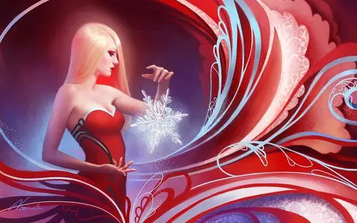 红色连衣裙的女孩幻想与雪花 壁纸