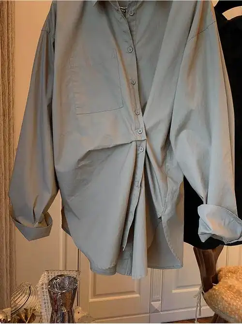 abcrcy日系原单衬衣女日本设计师小众错位纽扣造型两穿宽松长袖衬衫女