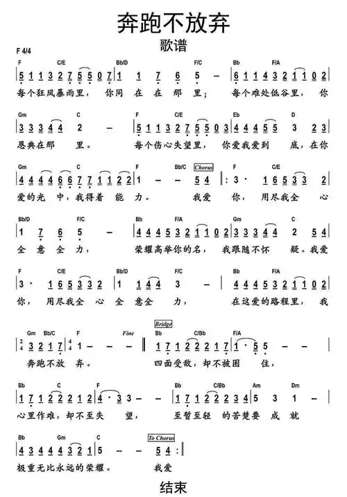 奔跑不放弃(原版f调) 和弦简谱 - 全屏观看歌谱 - 赞美诗网不停奔跑