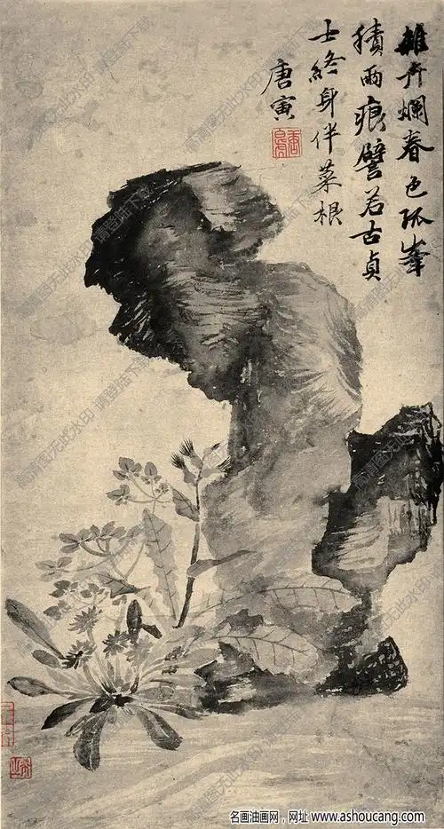 明 唐寅《立石丛卉图》国画高清大图下载-名画油画网