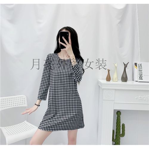 2020夏季新款女装时尚韩版拼色格纹优雅圆领七分袖宽松显瘦连衣裙