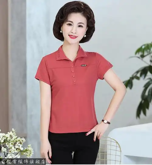 中年女士短袖t恤带领有领子翻领反领春夏天穿的中老年人女装夏季妈妈