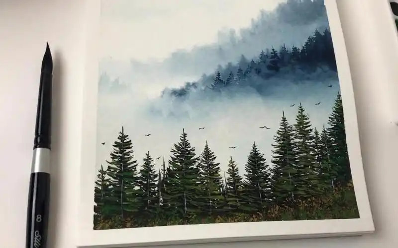 水彩水彩画森林景观