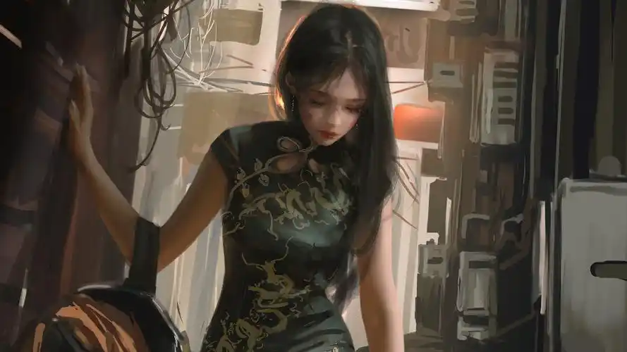 好看旗袍美女厚涂画风街道动漫美女壁纸