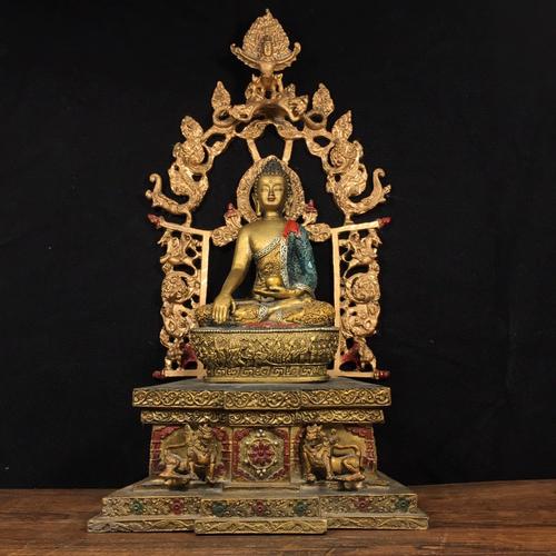 古玩纯铜彩绘鎏金三体释迦牟尼佛像一尊摆件收藏老货