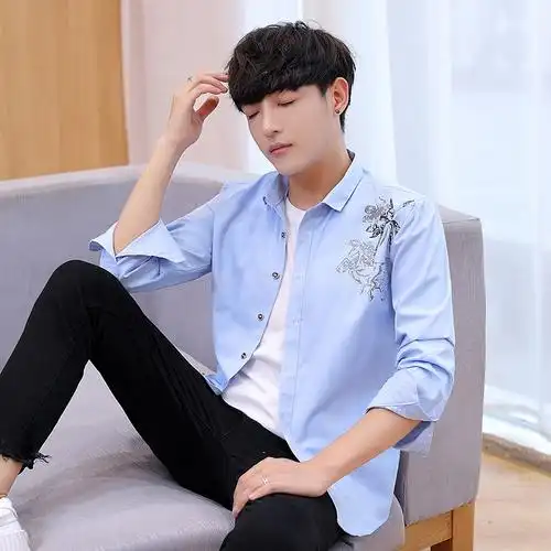韩版休闲男装秋季时尚长袖衬衣青少年学生寸衣男修身男士印花衬衫